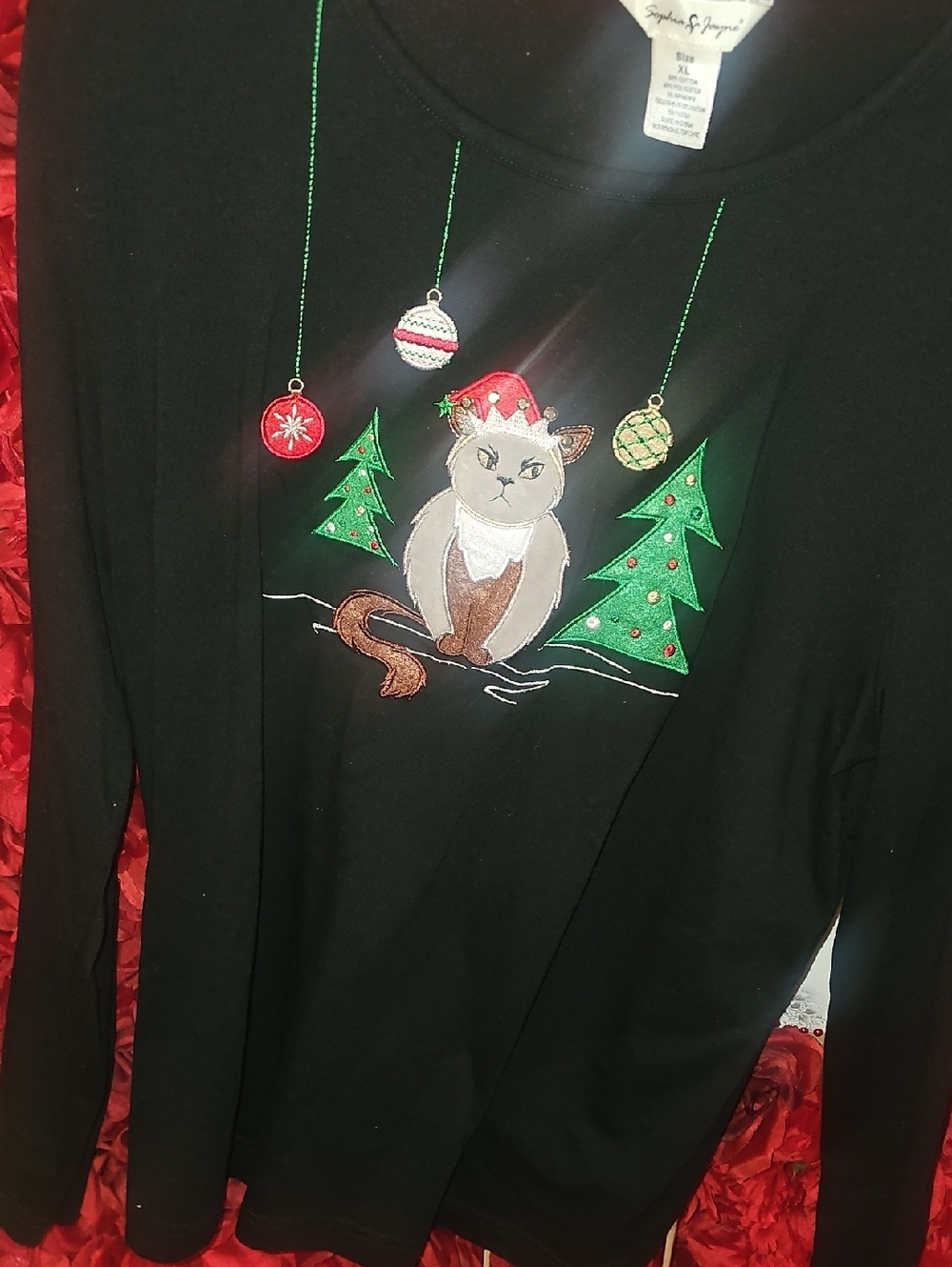 Sophia Jayne Women's Black Long Sleeve Raised Cat Graphic Holiday Tee Size XL